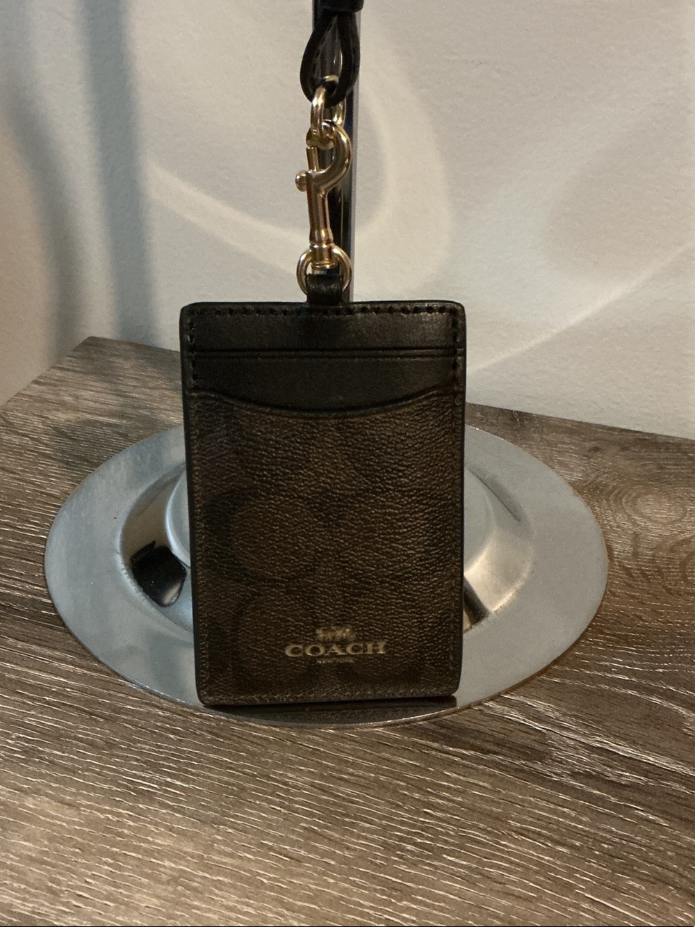 Coach ID Lanyard Black Brown Signature Card Holder Detachable Strap 2.75x4 EUC